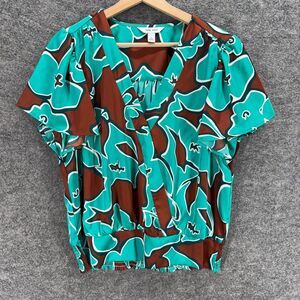 Nine West Blouse Women L Large Blue Geometric V-Neck Short Sleeve Pullover